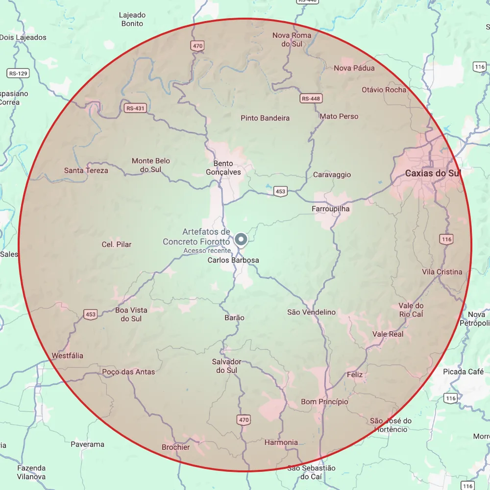 Mapa do raio de entrega da Fiorotto a partir de Carlos Barbosa, cobrindo Bento Gonçalves, Garibaldi, Farroupilha, Caxias do Sul e região da Serra Gaúcha